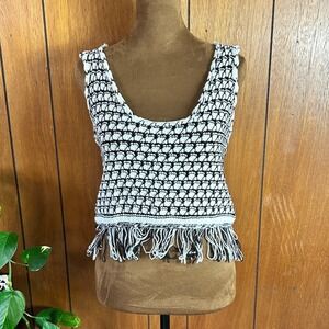 ASOS DESIGN Black White Knit Fringe Crop Top Sleeveless Boho Festival Scoop Neck